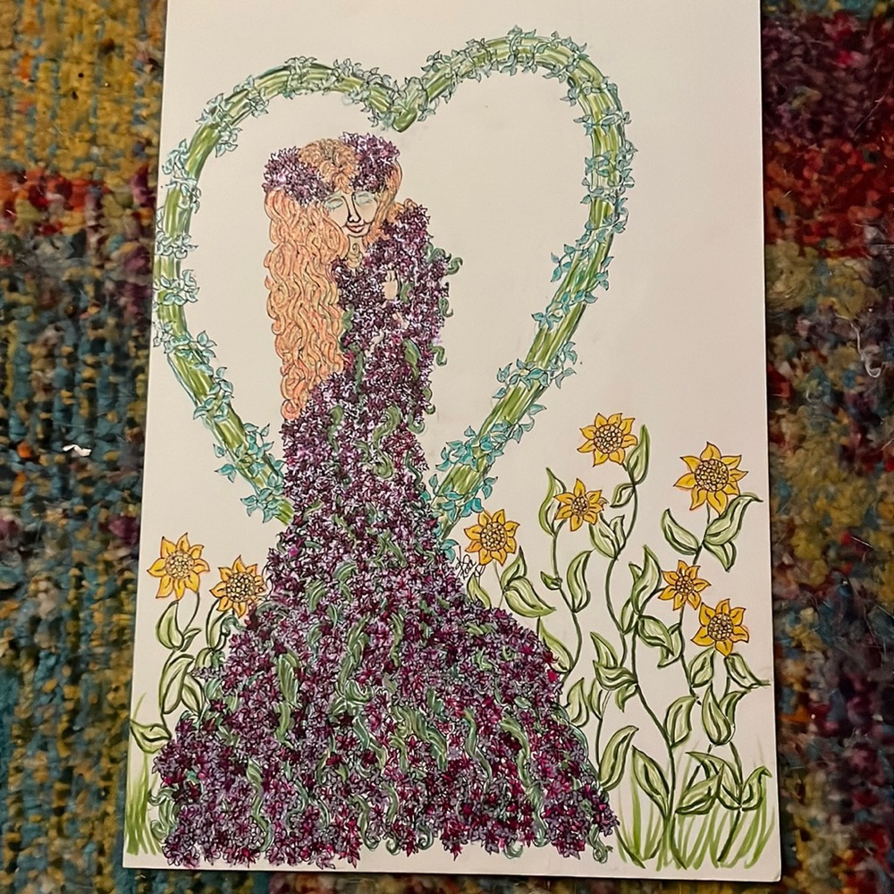 Unframed Original Art Gel Pen Markers & Ink Fantasy Portrait in Blossom Dress